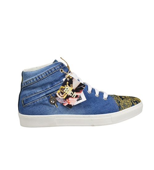 Handmade sneakers jeans and decorated fabric